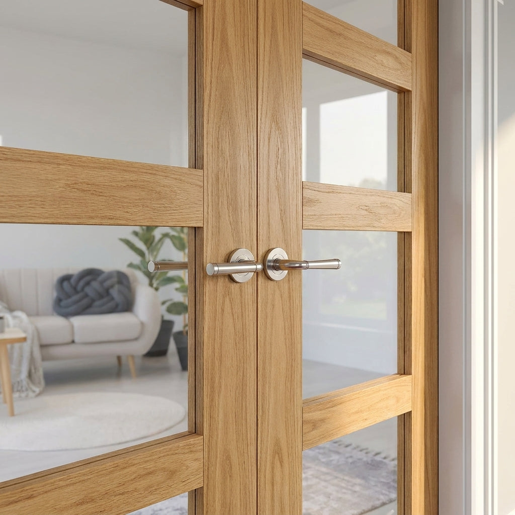 Internal Shaker Oak French Door Unfinished 4 Light Glazed - detail view