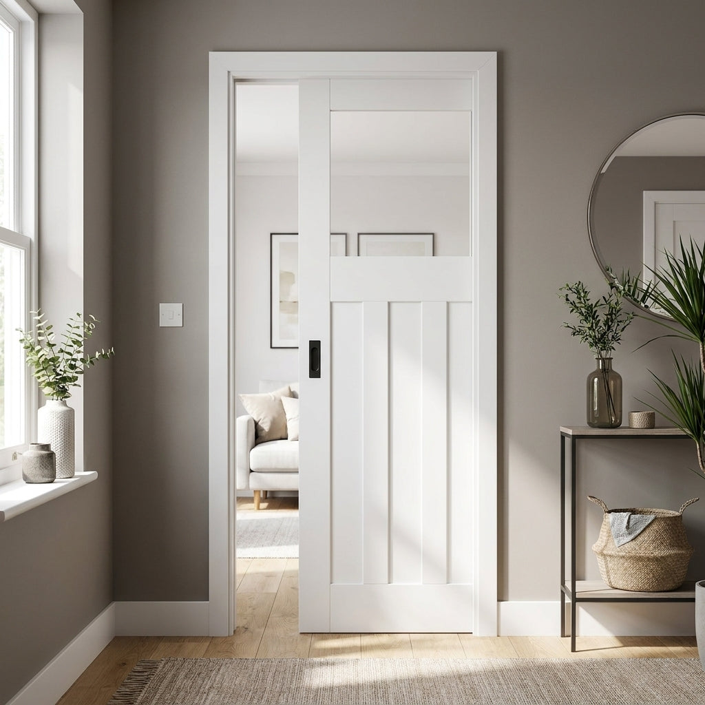 Internal Pocket Door Set 1930's Style, White Primed, Clear Glass, 100mm