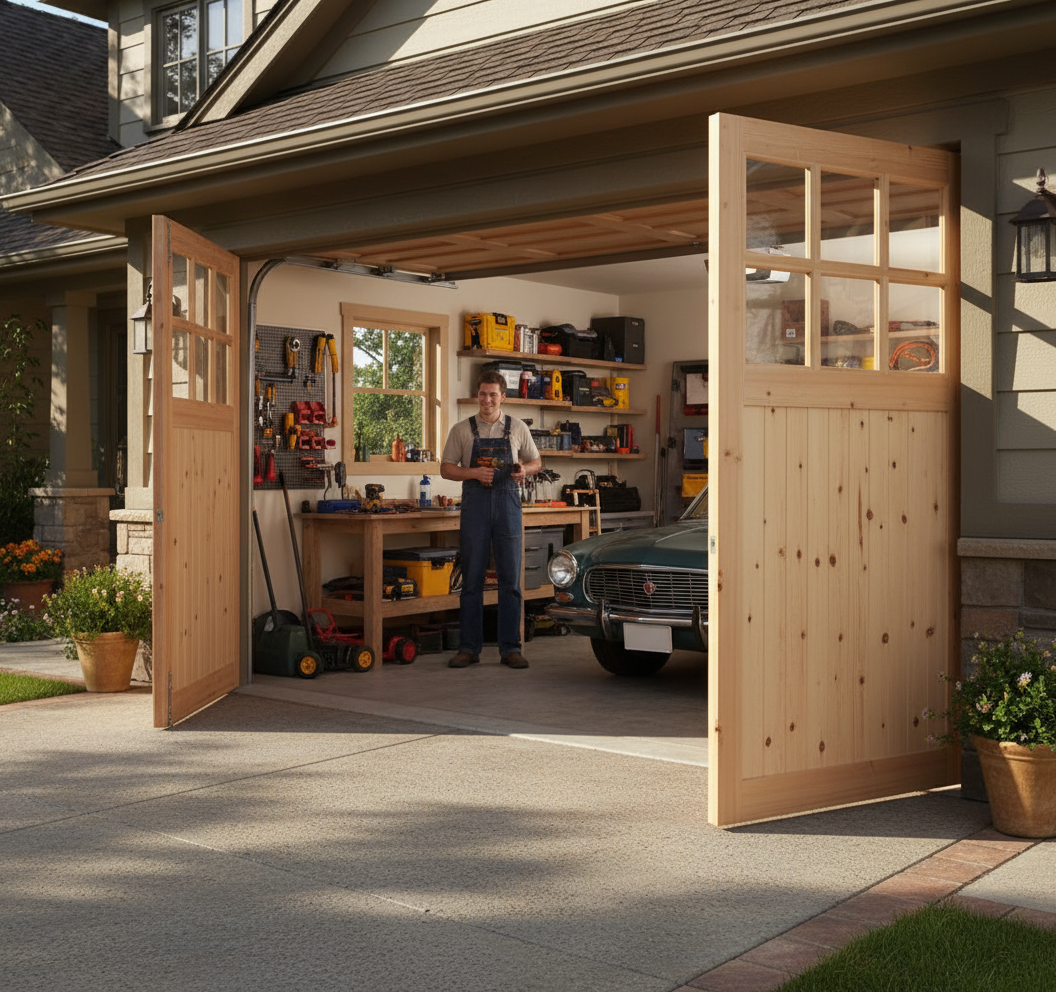 Premium 301 Glazed Garage Door with Flemish Style Glazing and 44mm Thick Redwood Construction