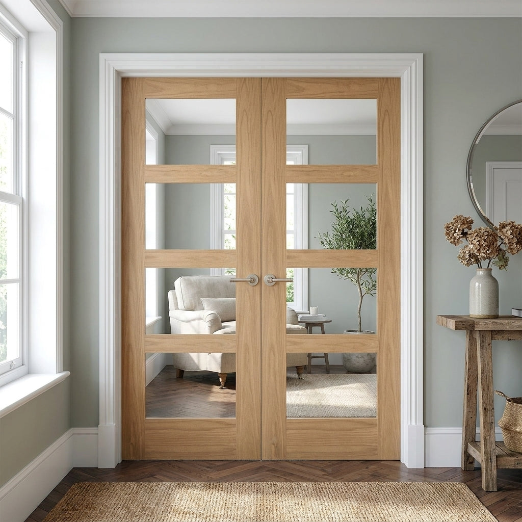 Internal Oak Shaker French Door Unfinished 4 Light Obscure Glass