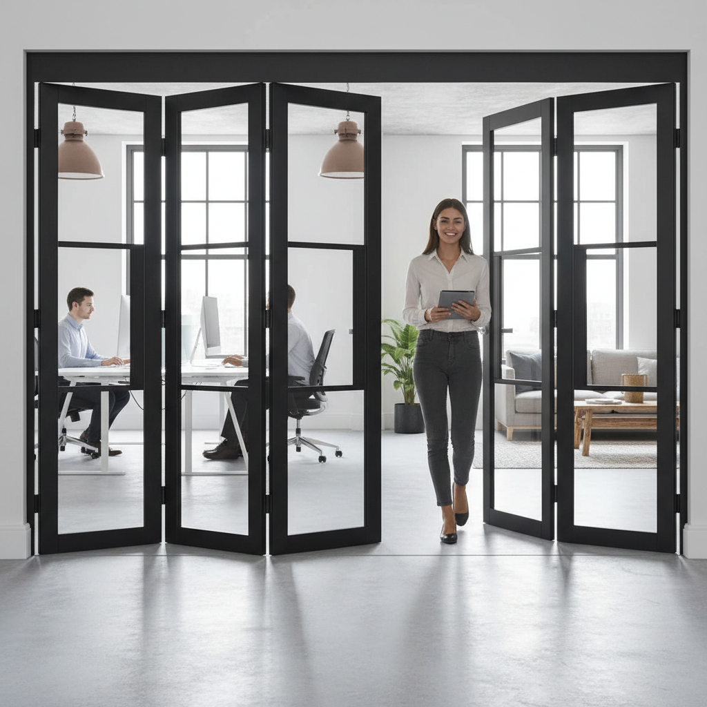 Premium Industrial Style 5 Door Folding Doors with Clear Glass Panels for Home and Apartment Use