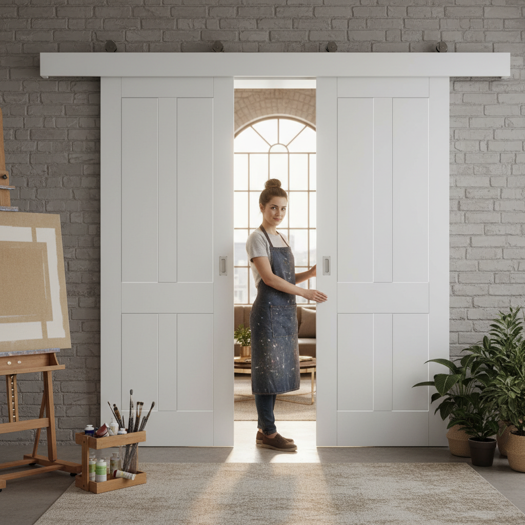 Premium Double Sliding Door System with White Victorian Shaker Doors and Track Mechanism for Easy Installation