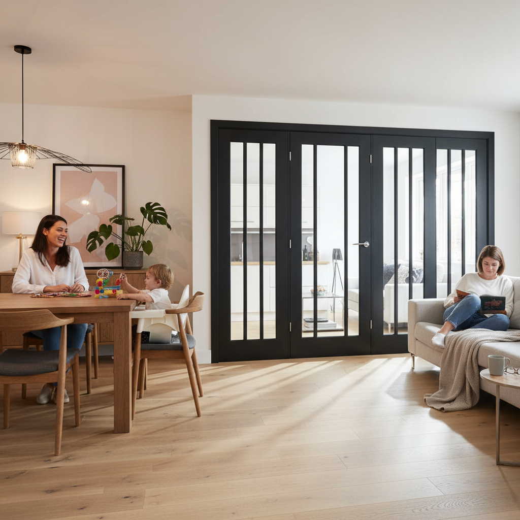 Premium Clear Glazed Brushed Black Oak Room Divider with Side Panels - Custom Sizes Available