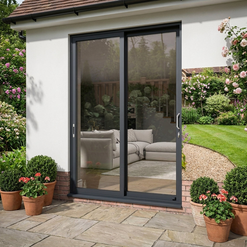 External Sliding Patio Door in Matt Grey Aluminium with Clear Toughened Glass
