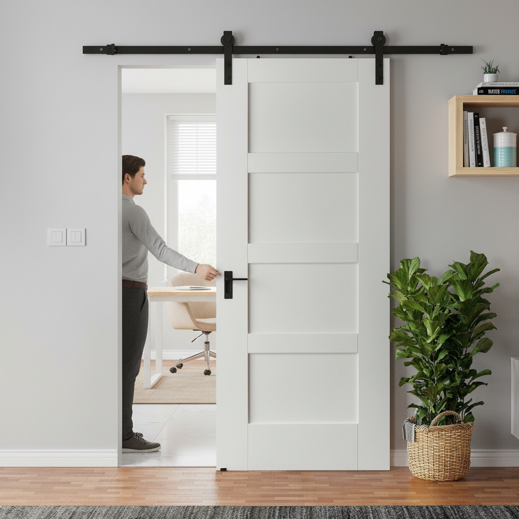 Premium Internal Shaker 4 Panel Sliding Door with Black Top Mounted Kit for Elegant Home Interiors