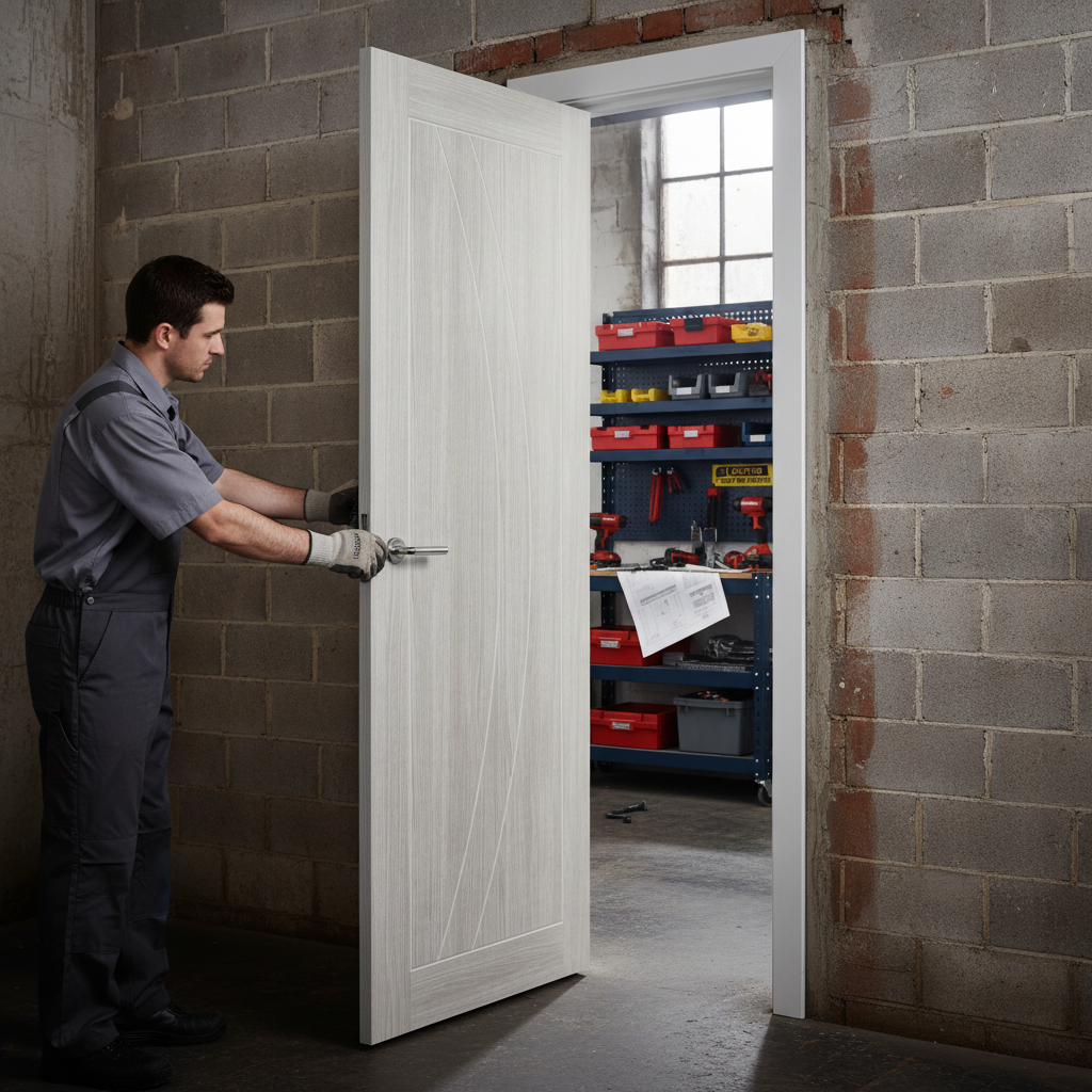 Premium White Grey Laminate Fire Door with Deep Grooves and Textured Surface for Modern Aesthetics