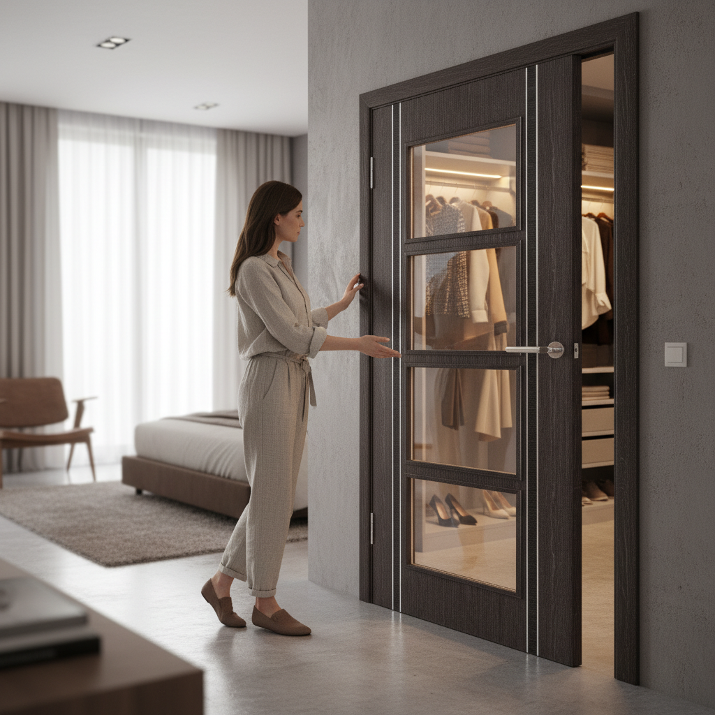 Premium Contemporary Internal Door with Clear Glazed Panels and Aluminium Inlays for Modern Interiors