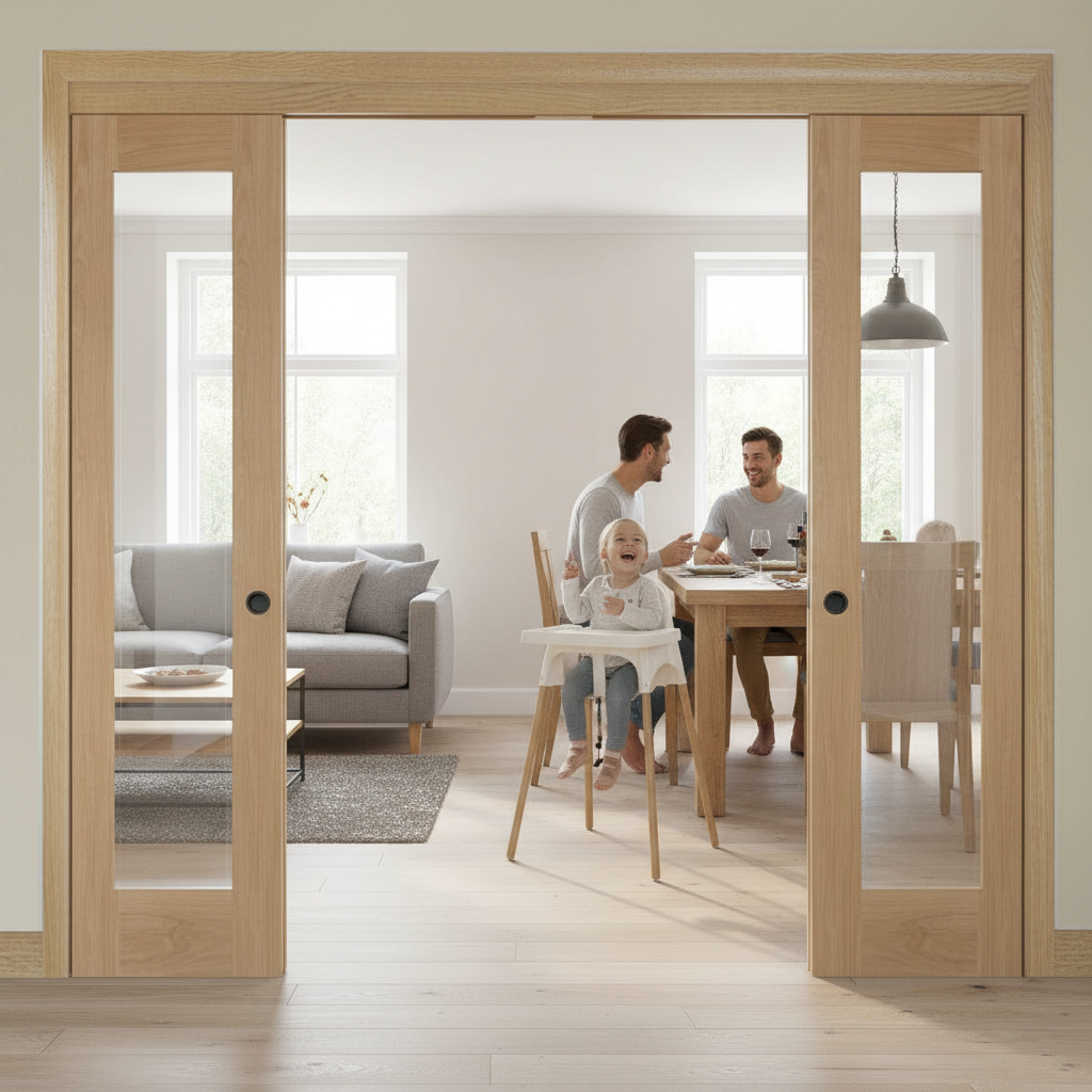 Premium Oak Glazed Room Divider with Sliding Doors and Fixed Panels for Open Space Design