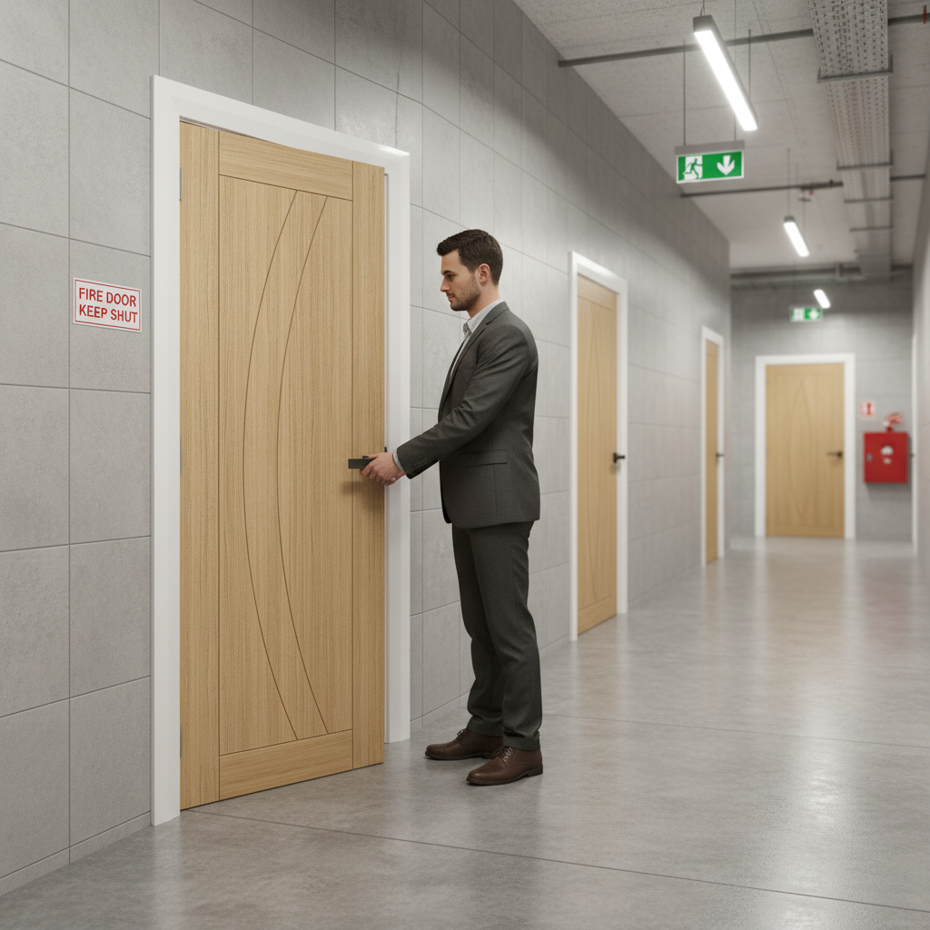 Premium Modern Oak Fire Door with Solid Core and Crown Cut Veneer - Bespoke Sizes Available