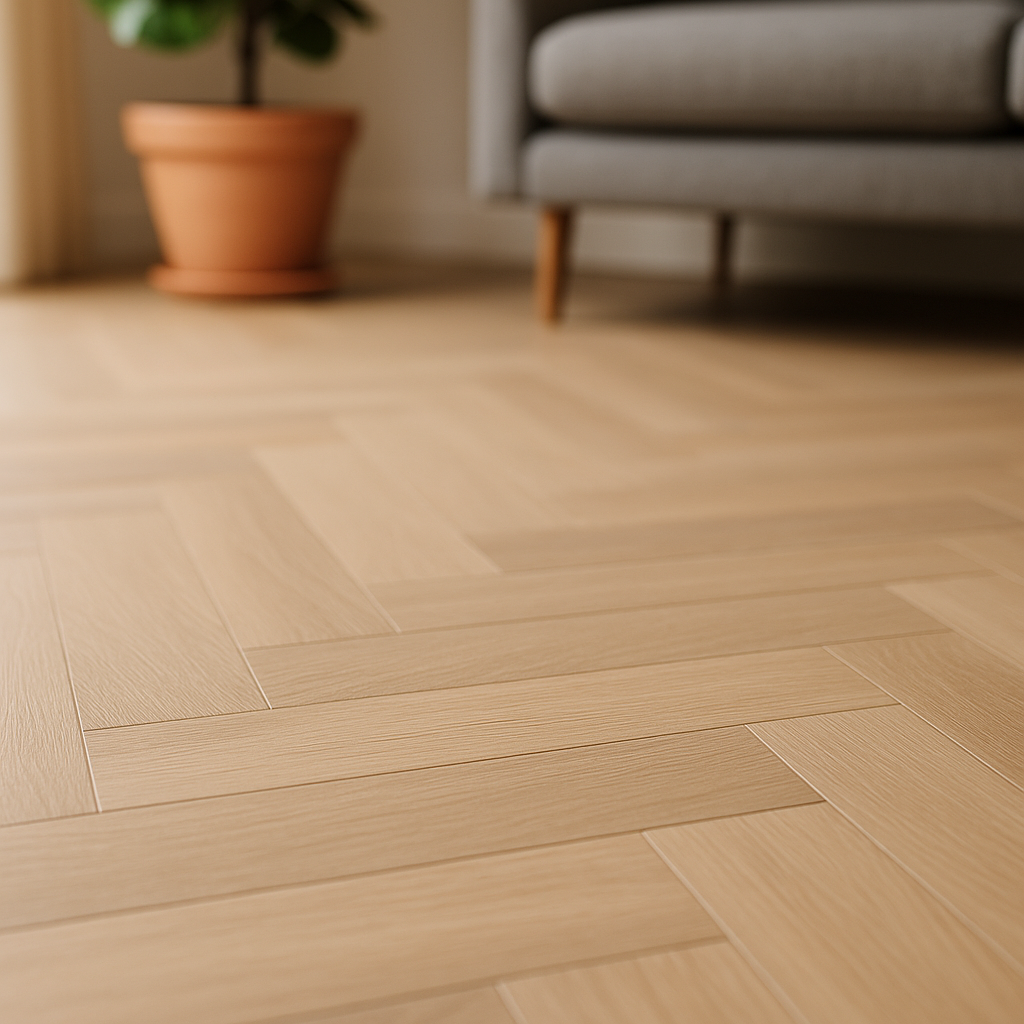 Herringbone Rigid Core LVT Flooring in Buttermilk Oak, 5.5mm Thickness - detail view