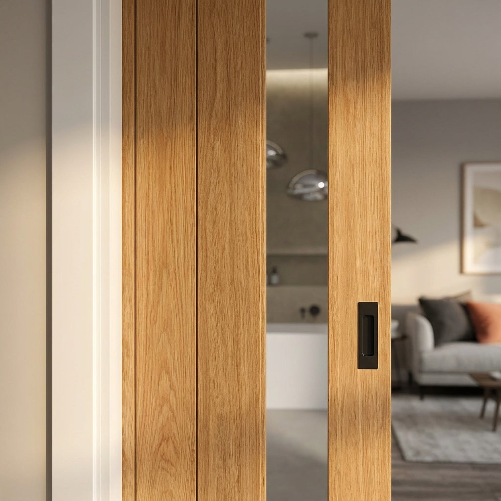 Oak Unfinished 100mm Pocket Door Set - Internal Pattern 10 1 Panel Framed - detail view