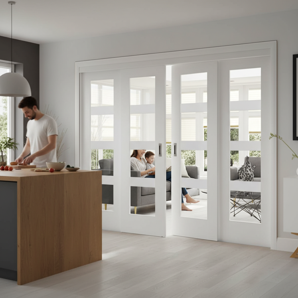 Premium Sliding Room Divider with Clear Glazed Doors and Fixed End Panels for Space Efficiency