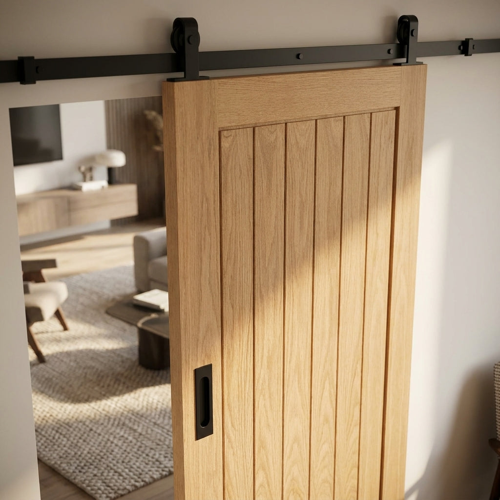 Internal Oak Sliding Door, Fully Finished, Black Top Mounted, Farley Design - detail view