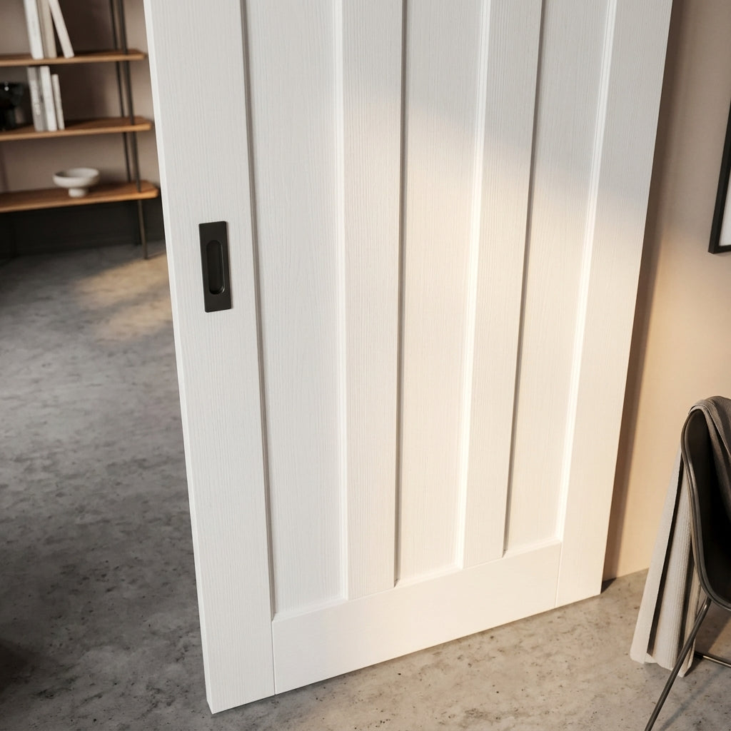 White Primed Internal Sliding Door with Solid Core and Black Top Mount - detail view