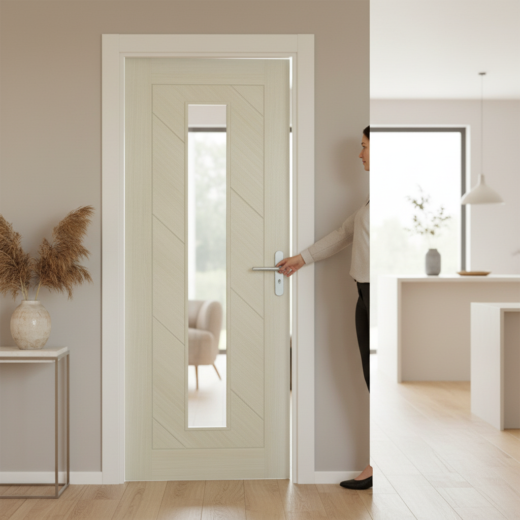 Premium Internal Fully Finished Laminate Clear Glass Door with Blonde Oak Finish for Natural Light and Modern Style