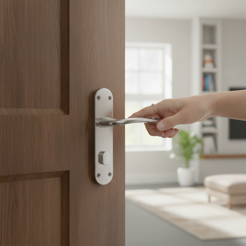 Premium Satin Chrome Lever on Backplate Door Handle Set with Matching Hinges and Secure Latch for Modern Elegance - Image 2