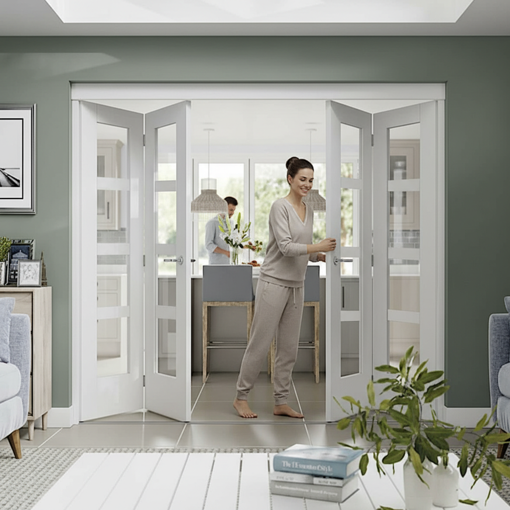 Premium White Freefold Interior Folding Door System with Versatile Configurations and Clear Glazed Panels