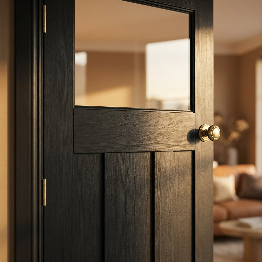 Black Internal Made-to-Measure Fully Finished Oak Door with Clear Glass - detail view