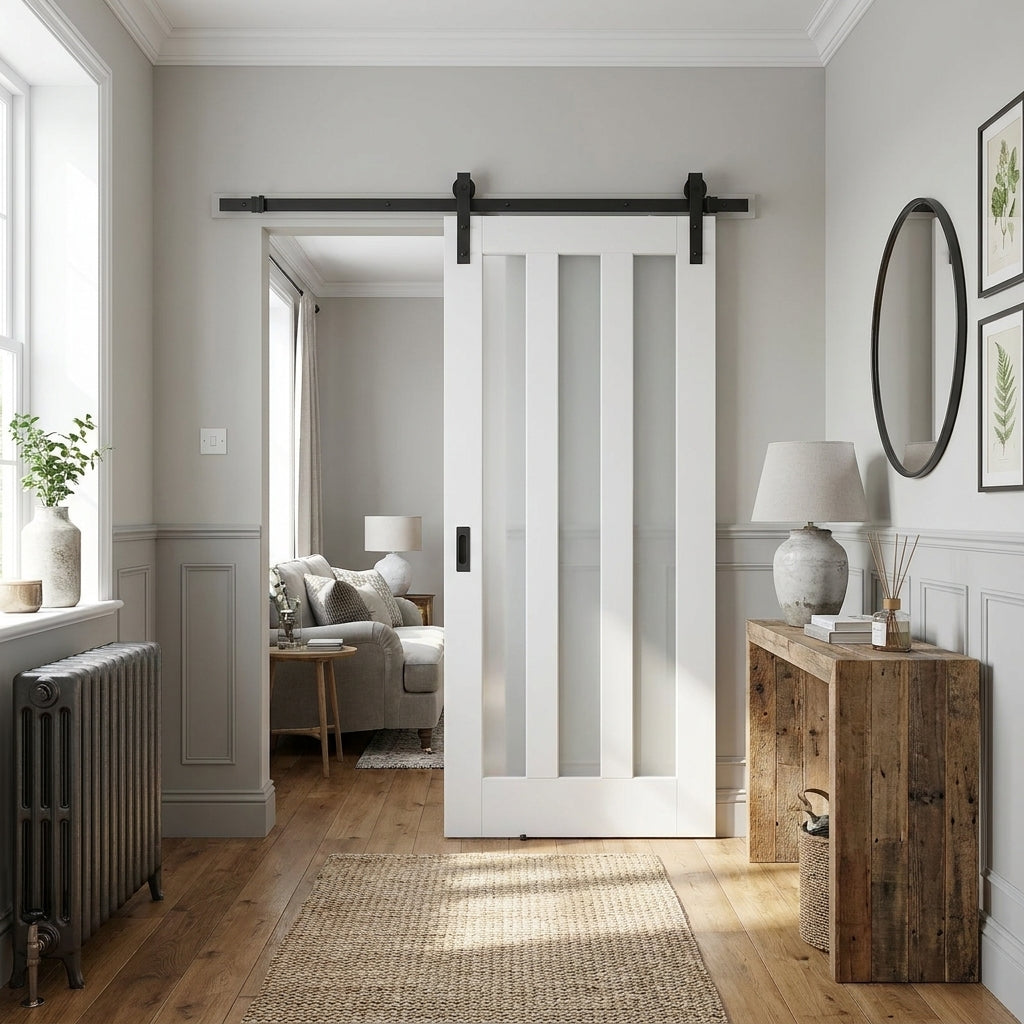 Internal Sliding Door - White Primed with 3 Light Obscure Glass and Black Top Mount