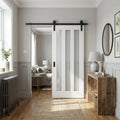 Internal Sliding Door - White Primed with 3 Light Obscure Glass and Black Top Mount