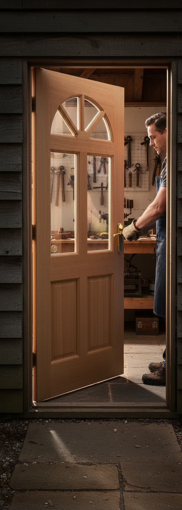 Premium Hardwood Door with Clear Glass and Traditional Fan Light Design, Engineered for Strength and Stability