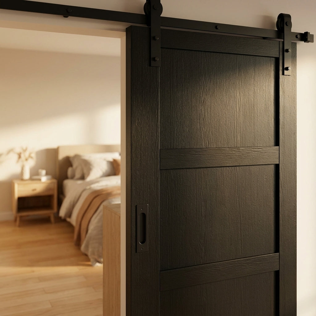 Internal 3 Panel Primed Door with Matt Black Top Mounted Track - detail view