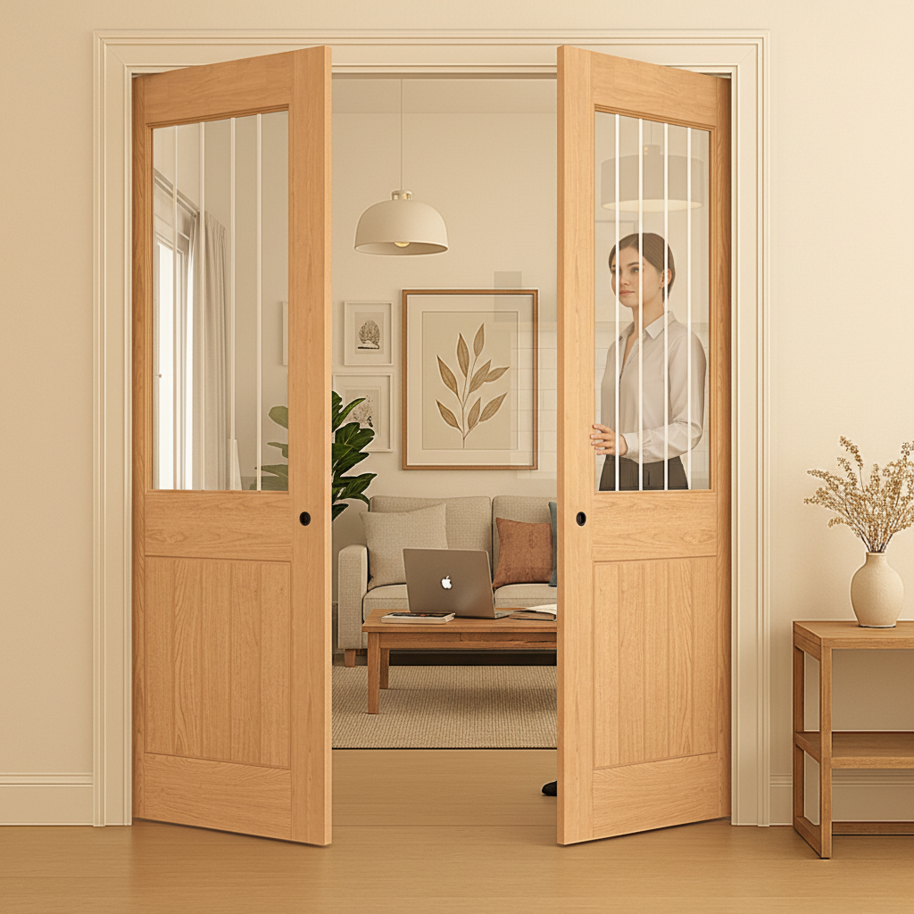 Premium Fully Finished Double Pocket Door Set with Glazed Oak Design for Contemporary Elegance
