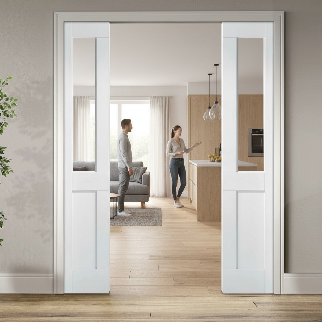 Premium Glazed Double Pocket Door Set with Galvanised Steel Frame and Adjustable Jamb Options