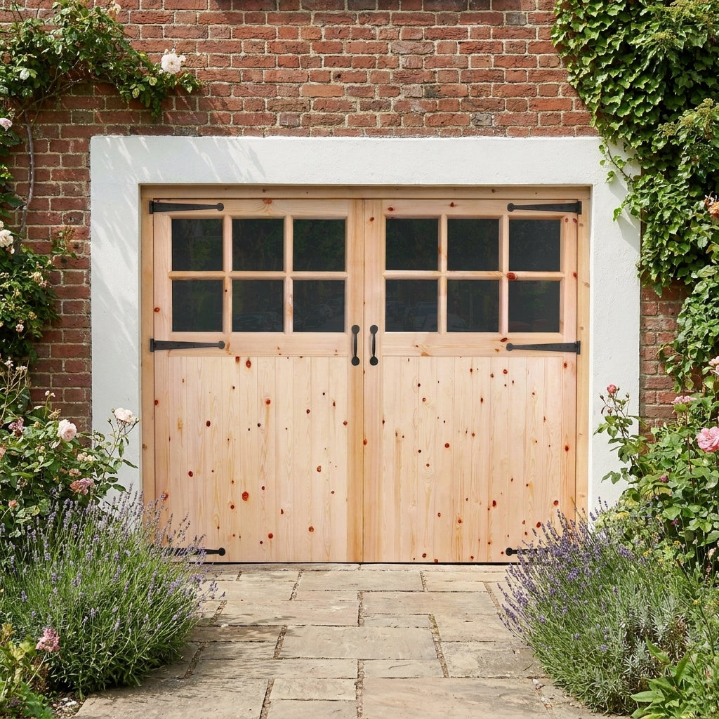 External Solid Redwood Garage Door and Frame Set, Unfinished, 6 Light Obscure