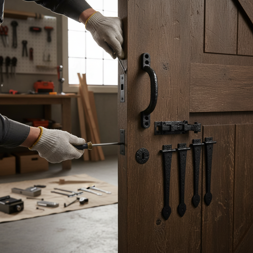 Premium Antique Black Ornate Garage Door Hardware Set with Pull Handle, Deadlock, and Tee Hinges for Traditional Homes