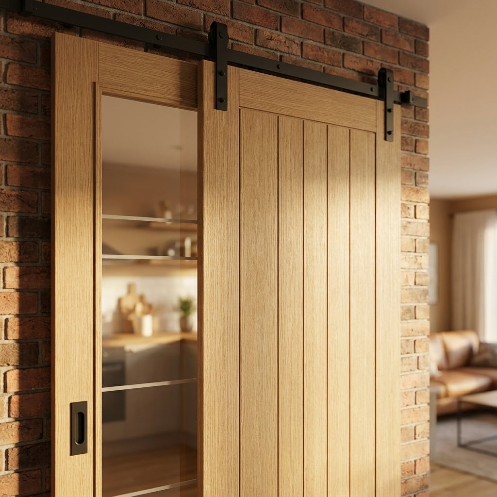 Oak Internal Sliding Door, Unfinished, 1 Light, Obscure Lined Clear Glass - detail view