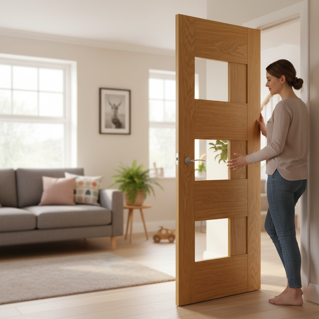 Premium Oak Internal Door with Clear Glass, Stepped Panel Design, Factory Finished with Satin Lacquer