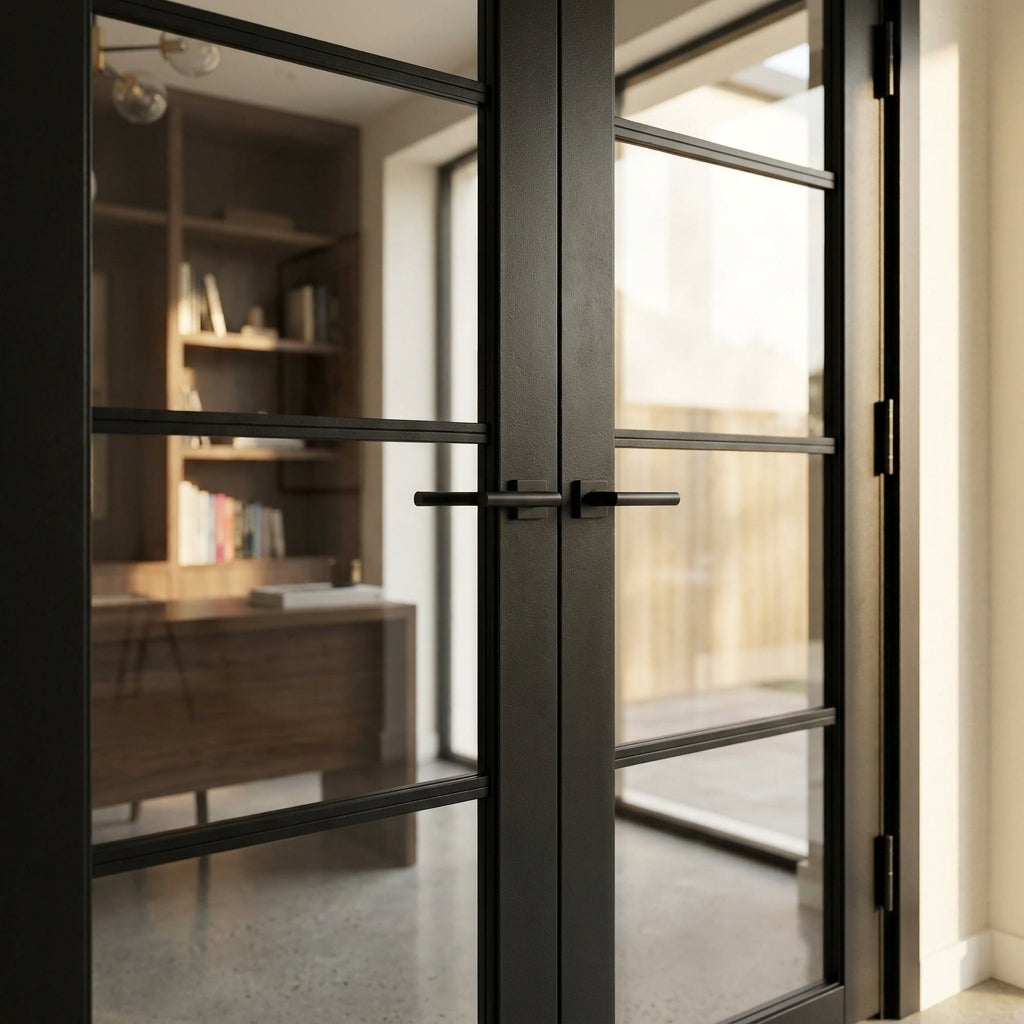 Internal French Door with 4 Light Clear Glass, Fully Finished in Jet Black - detail view