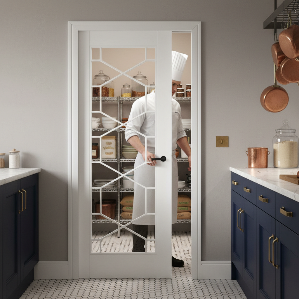 Premium White Glazed Pocket Door Set with Honeycomb Design and Adjustable Frame for Classic Home Decor