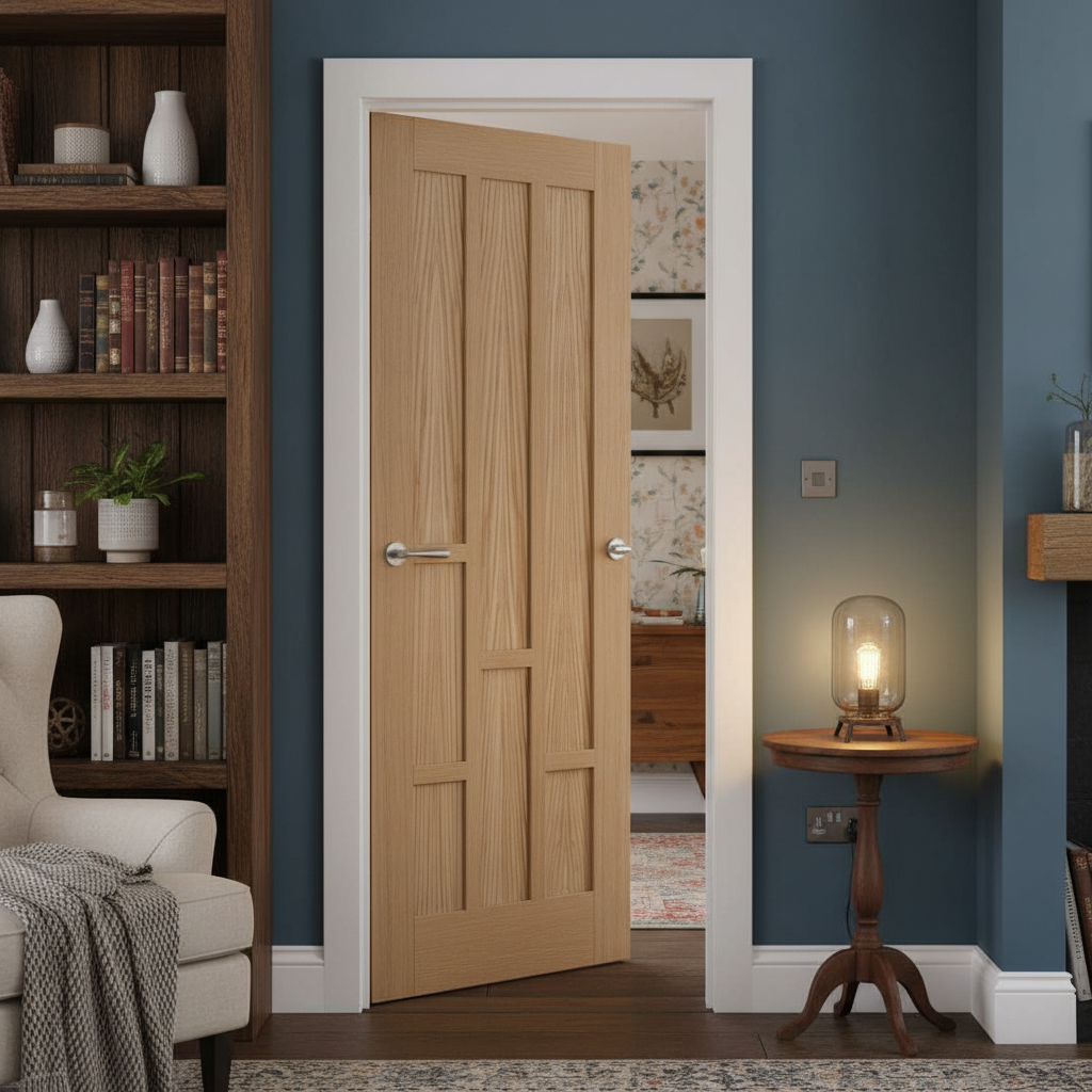 Premium Fully Finished Internal FD30 Oak Fire Door with 6 Panels, Engineered Construction, and Solid Core Design