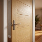Internal Oak FD30 Fire Door Fully Finished Pedrena 7 Panel Solid Core - detail view