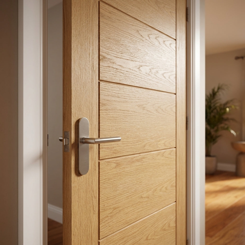Internal Oak FD30 Fire Door Fully Finished Pedrena 7 Panel Solid Core - detail view