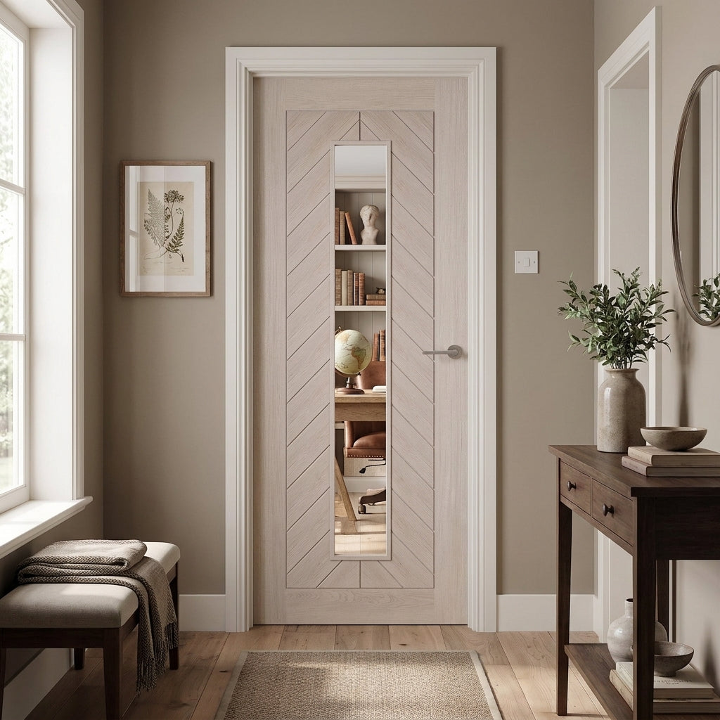 Ivory Fully Finished Internal Chevron Door with Clear Glass, Hollow Core