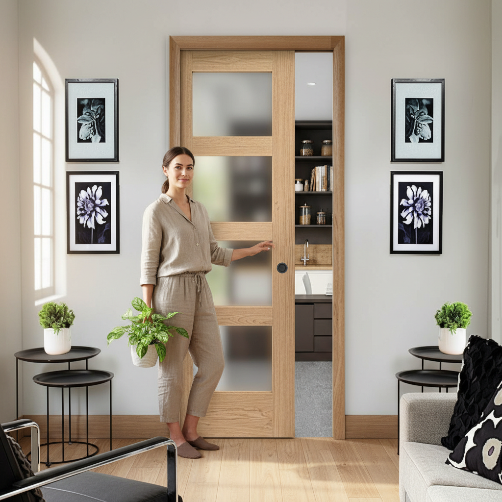 Premium Fire Pocket Door System with Obscure Glazed Door, Galvanized Steel Frame, and Maintenance-Free Track for Seamless Installation