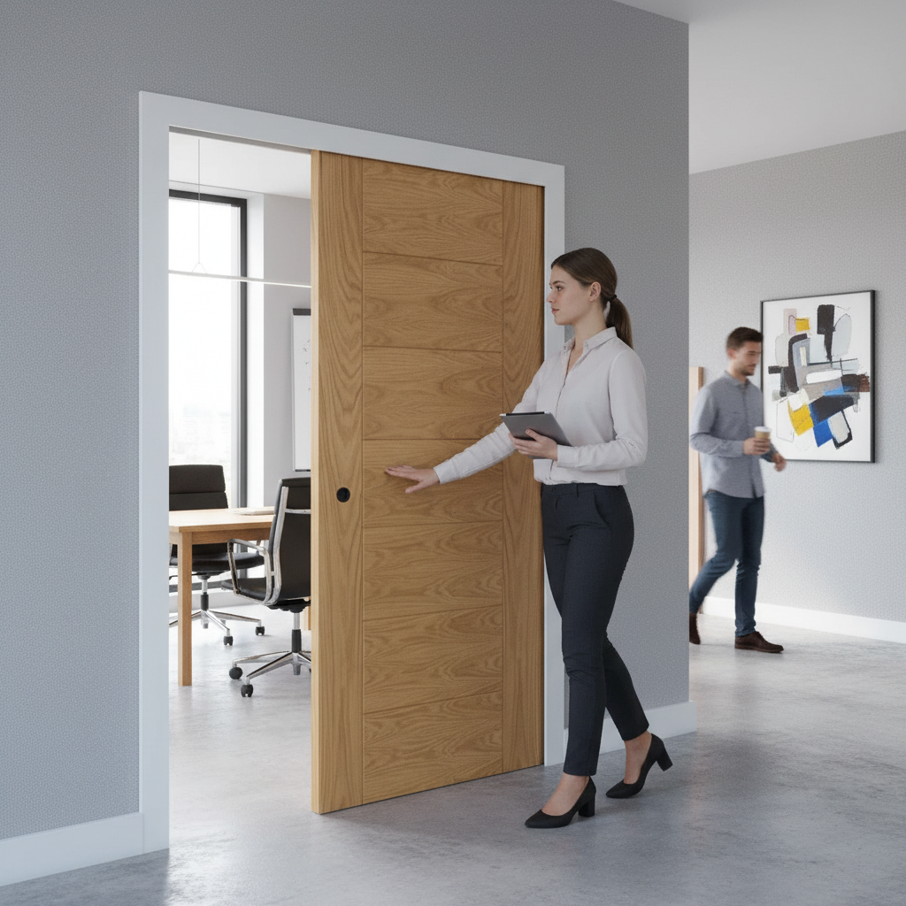 Premium Fire Rated Pocket Door System with Oak Veneer and Galvanised Steel Frame for Enhanced Elegance and Performance