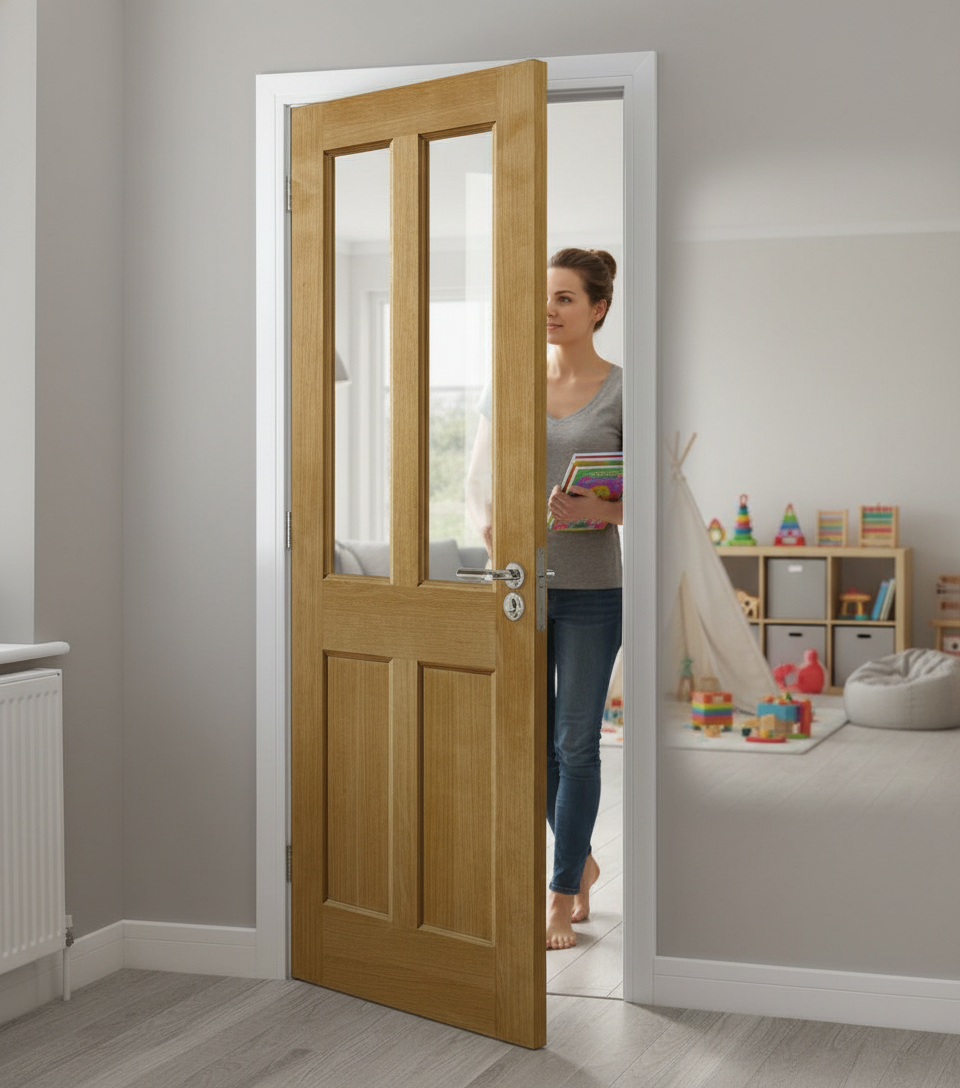 Premium Engineered Oak Veneer Internal Door with Clear Safety Glass and Unfinished Surface for Customization