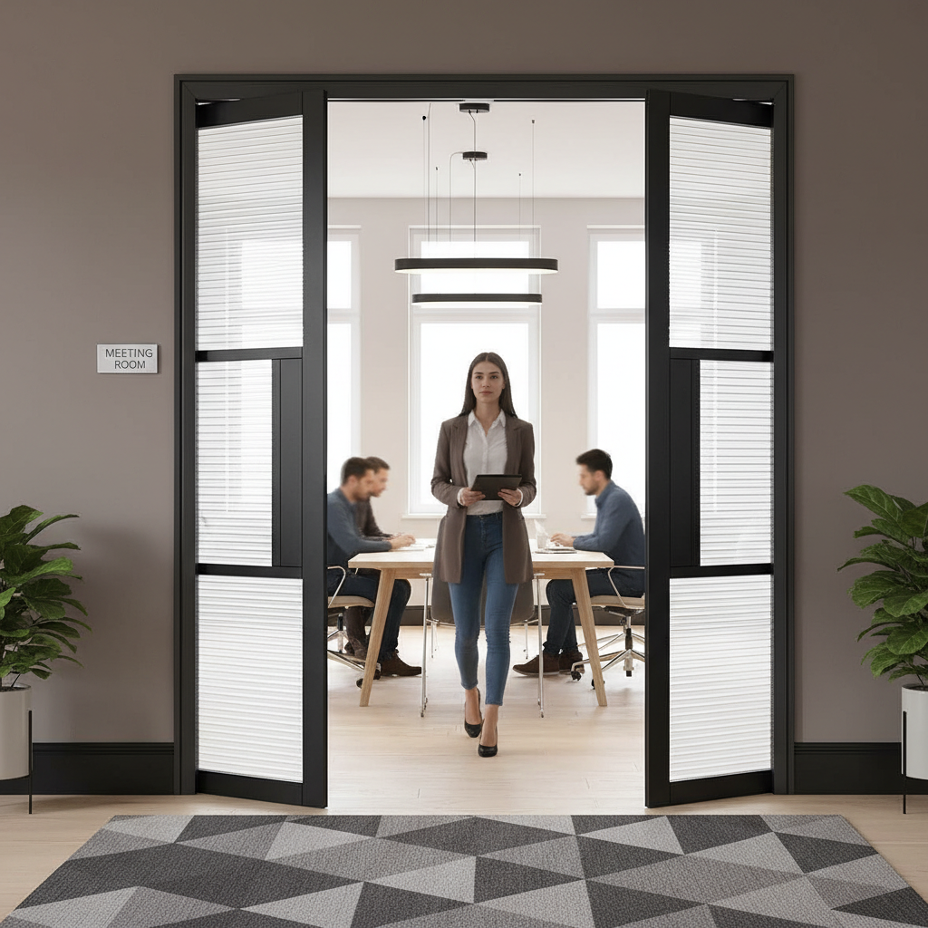 Premium Reeded Glazed Double Pocket Door System with Galvanized Steel Frame and Adjustable Jambs