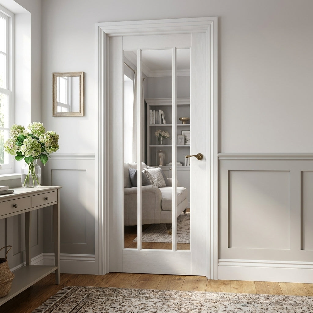 FD30 Rated White Internal Fire Door with Clear Glass, Primed, Solid Core