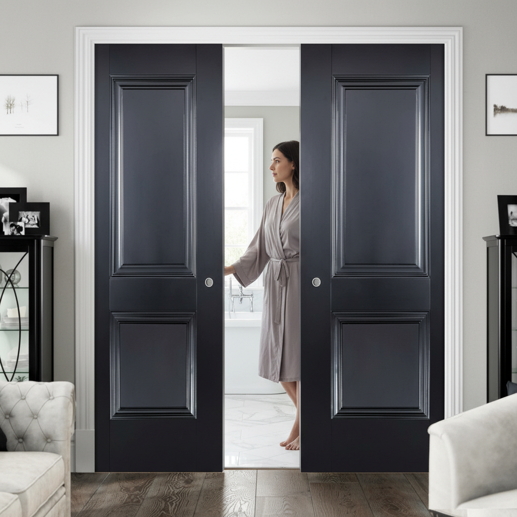 Premium Double Pocket Door Set with Elegant Two-Panel Design and Galvanised Steel Frame for Space-Saving Solutions