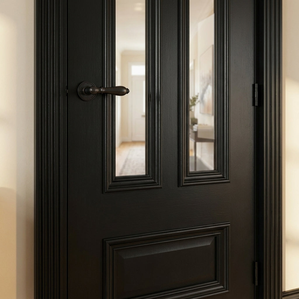 Internal Black Door with Clear Glass, Fully Finished, 3 Panel Design - detail view