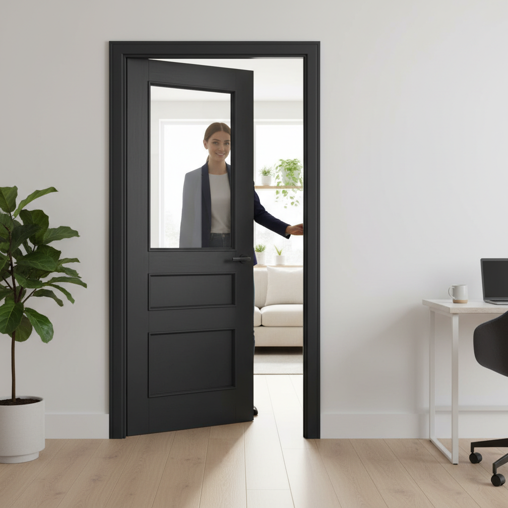 Premium Charcoal Black Clear Glazed Internal Door with 3 Panel Design and Tempered Safety Glass