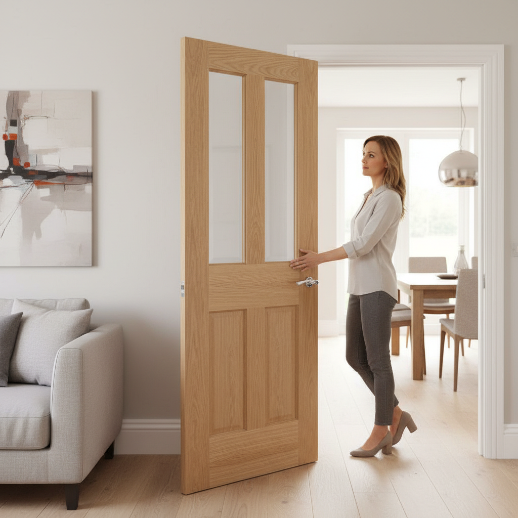Premium Oak Glazed Internal Door with Clear Bevelled Glass and Engineered Construction for Strength and Stability