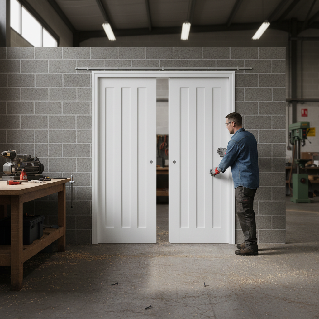Premium 3 Panel White Double Pocket Door Set with Galvanised Steel Frame and Adjustable Jambs for Modern Interiors