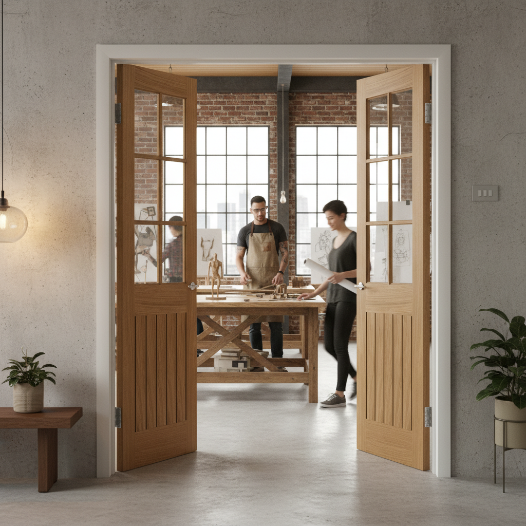 Premium Oak Veneered Glazed Door Pair with Solid Engineered Core, Stain-Ready Finish