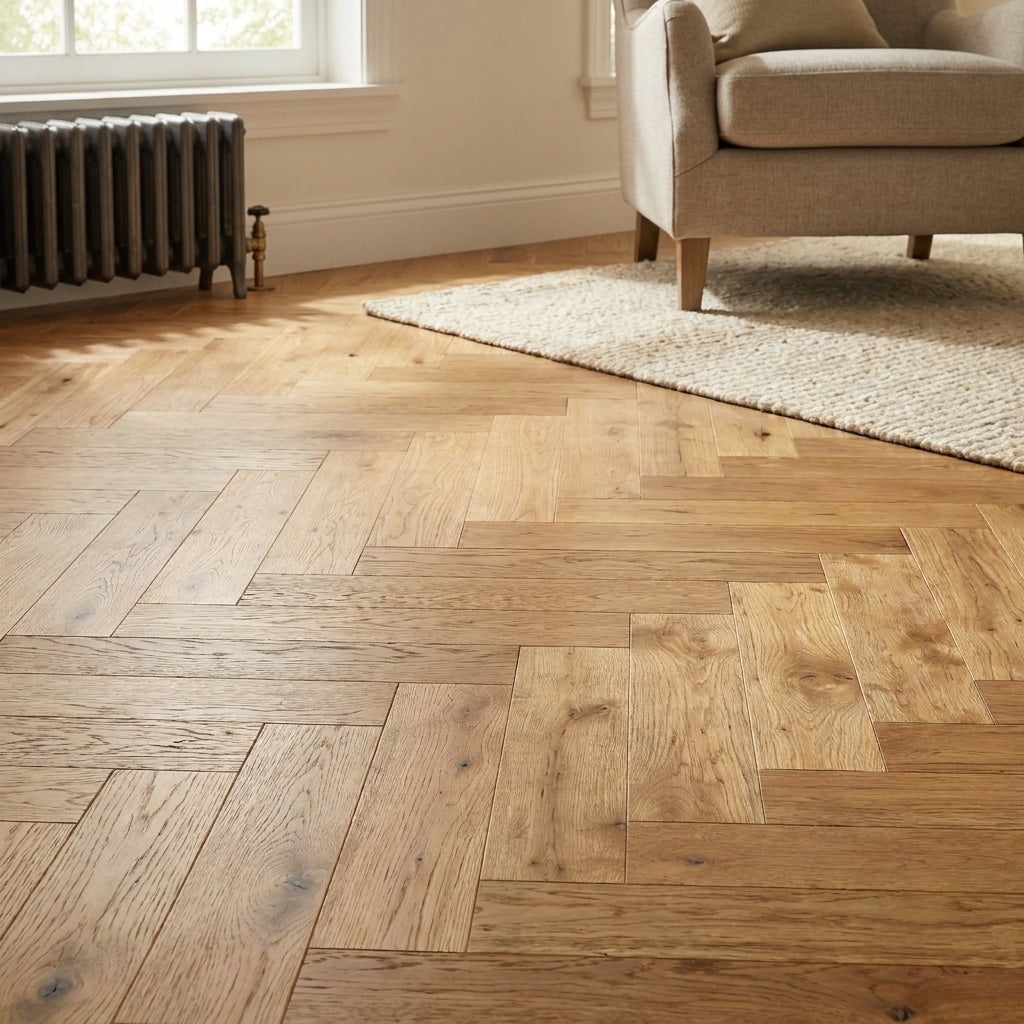 Herringbone Solid Real Wood Flooring 18mm Brushed & Oiled Natural Oak - detail view